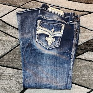 ROCK REVIVAL YUI EMBROIDERED METALLIC FAUX-FLAP RHINESTONES EASY BOOT DENIM JEAN